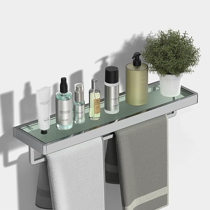 SFGSOWOR Bathroom Shelves Glass Bathroom Shelf with Towel Bar, Floating Shelves for Living Room/Study Room Tempered Glass Rectangular 1 Tier Organizer Wall Shelf (Chrome Polished, 20'')