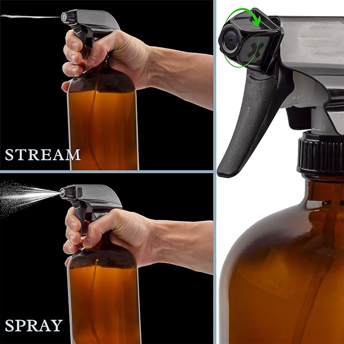 Cornucopia Brands 32oz Amber Glass Spray Bottles (Pack of 2) Brown Bottles w/ 3-Setting Trigger Sprayers; Includes Caps for Storage