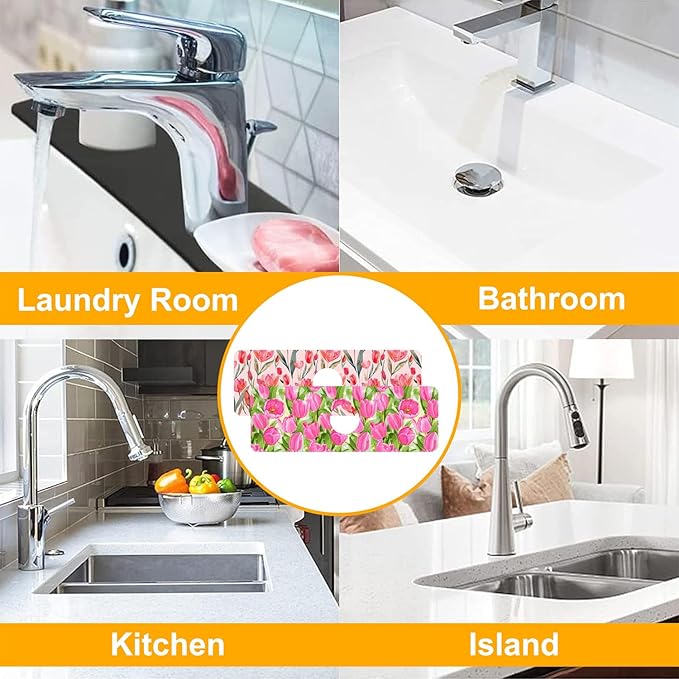 2 Pack Watercolor Tulips Sink Faucet Absorbing Mat Pink Tulips Super Absorbent Fast Drying Mat Sink Gadgets Behind Faucet Sinkmat for Kitchen Bathroom, 15.5"x5.5"