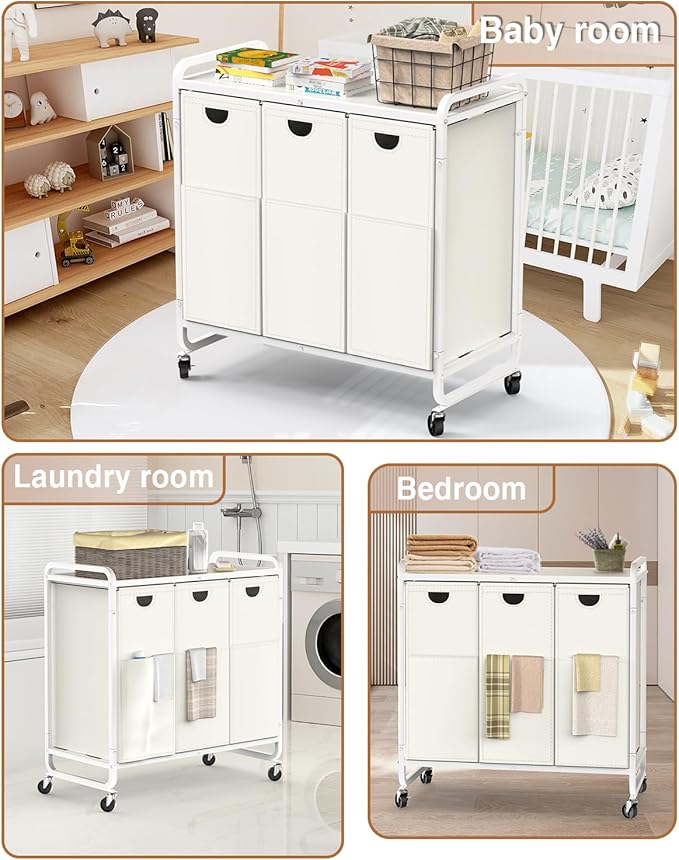 Laundry Sorter 3 Section,Laundry Basket with Wheels,3×15.8 Gal (60L) Laundry Hamper Organizer with Large Wooden Desktop Sorter,Pull-Out and Removable Laundry Bags (Creamy White, 3 Bags - 180L)