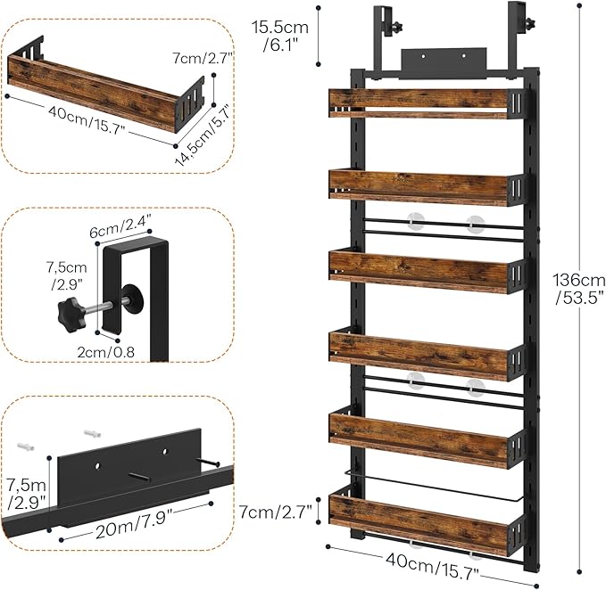HOOBRO Over the Door Pantry Organizer, 6-Tier Hanging Spice Rack with Adjustable Shelves for Kitchen, Bathroom and Closet Storage, Door/Wall Storage Organizer, Rustic Brown and Black BF60TL01