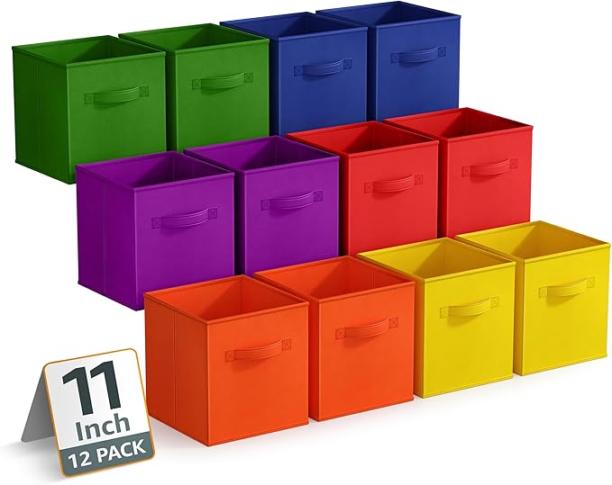 Sorbus 11 Inch Storage Bins - Sturdy Collapsible Fabric Storage Cubes with Handle - 12 Foldable Baskets for Organizing Clothes, Toys, Books - Storage Baskets for Shelves, Closets