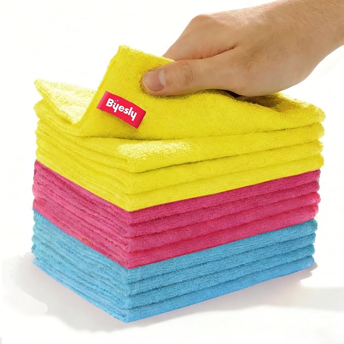 12-Pack Microfiber Cleaning Cloth, 11.5x11.5 Microfiber Towels for Cars, Dishes & House, for Detailers, Chefs & Efficient Home | Scratch-Free, Lint-Free, Ultra Absorbent(Yellow/Pink/Blue)