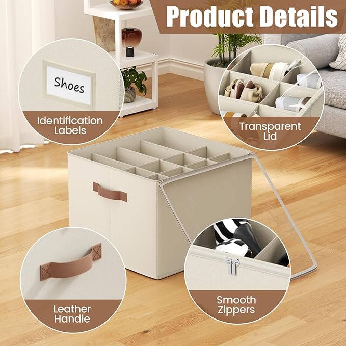 PHINOX Shoe Organizer for Closet, 2 Pack Fabric Shoe Organizer Storage Box, Shoe Storage Containers with Clear Cover, Closet Shoe Storage for Boots Sandals Slippers,Fits 16-32 Pairs, Beige