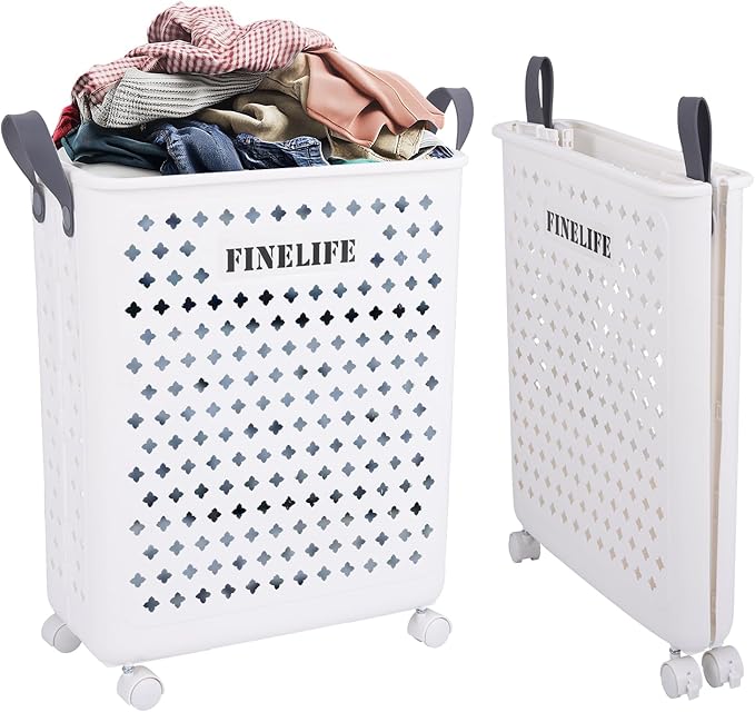 45L Collapsible Laundry Basket with Wheels and Handle, Plastic Foldable Laundry Hamper, Versatile Portable Storage Basket, Space Saving Dirty Clothes Laundry Hamper for Laundry and Bathroom