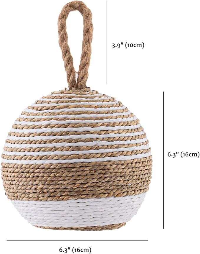 PEMAR Natural Wicker Door Stopper with Handle, Rustic Farmhouse Decorative Door Stop, Heavy Indoor Doorstop, Nautical Blocker Jammer 6.3''D Sphere Ball Shape (Seagrass)