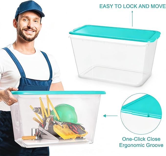 Storage Totes with Lids - Made in USA 14.5-Gallon (58-Quart) 4-Pack Aqua Storage Bins with Lids Plastic Storage Containers Large Storage Boxes for Organizer Aqua/Clear