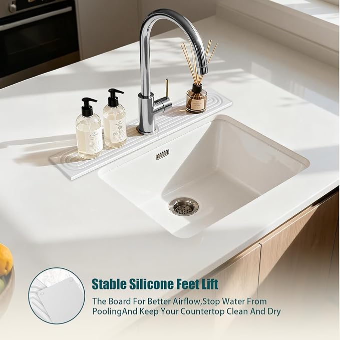 Stone Sink Mat for Kitchen - Water Absorbent Stone Tray, Quick Dry Faucet Mat, Kitchen Sink Splash Guard,Sink Mat & Base Faucet Mat for Counter Protection[White, 23.6"x4"]