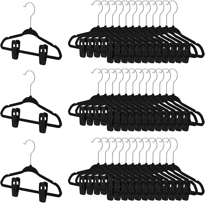Soaoo 50 Pack Premium Baby Velvet Hangers with Adjustable 100 Clips, Non Slip 11 Inch Slim Kids Closet Organizer for Pants, Dresses & Matching Outfits, Nursery & Toddler Wardrobe (Black)