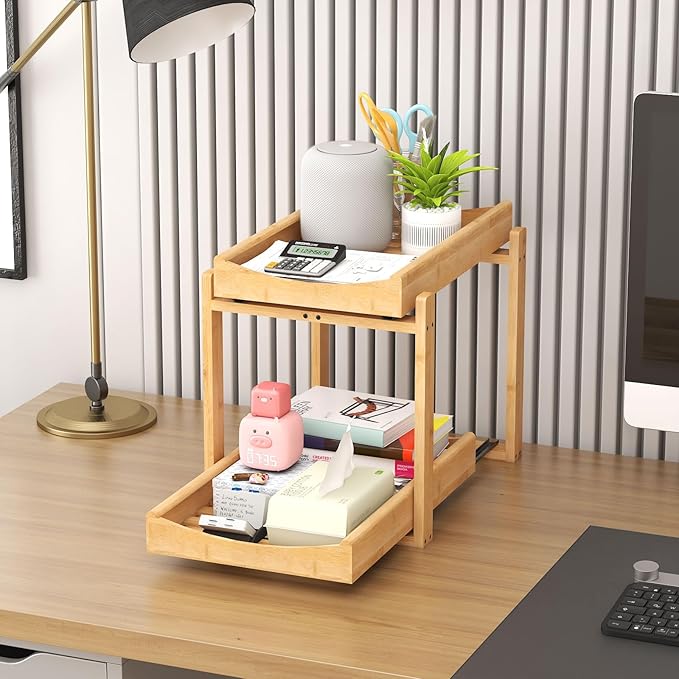 Bamboo Under Sink Organizer and Storage, 2 Pack Pull Out Cabinet Organization, 2 Tier Vertical Slide Out Undersink Storage Shelf, Multi-Purpose Organizer Shelves for Kitchen Bathroom Medicine