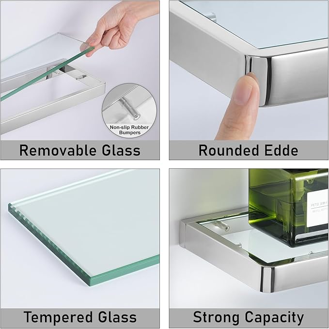 SFGSOWOR 20IN Bathroom Shelves/Shelf Glass Wall Mount Floating Shelves for Bathroom Tempered Glass Rectangular 1 Tier Organizer Wall Shelf (Chrome Polished, 20'')