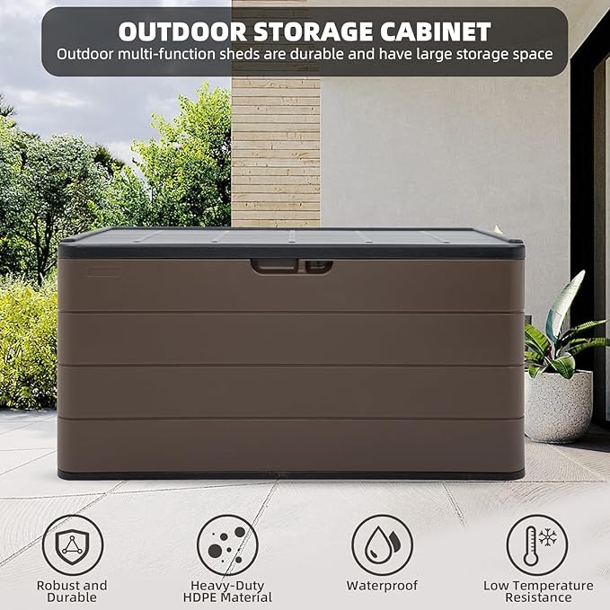Outdoor Storage Box Waterproof, 100 Gallon Plus Lockable Resin Deck Box Large, Patio Storage Bin for Pool Accessories Cushion Furniture, Garden Tools, UV-Resistant Outside Delivery Brown