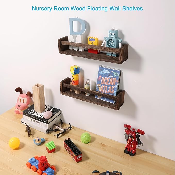 Nursery Book Shelves, Set of 2 Wood Floating Book Shelves for Kids Room, Kitchen Spice Rack, or Rustic Wall Mounted Shelves for Farmhouse Bathroom Décor (Carbon Brown)