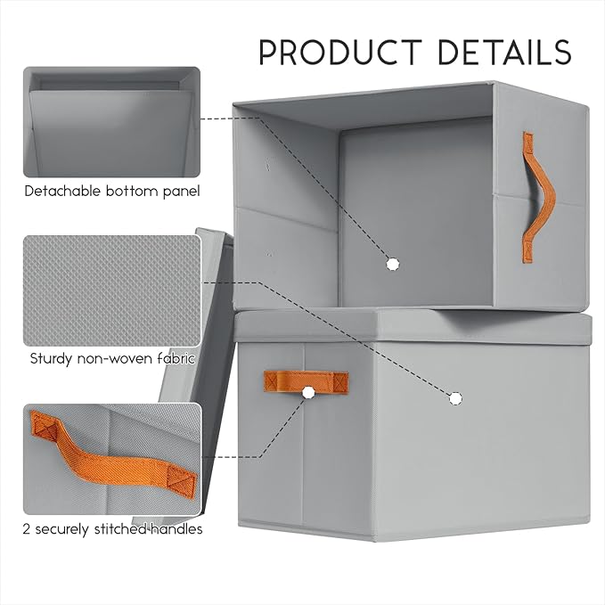 Storage Bins with Lids - Large Fabric Closet Bins with Lid, 6 Pack Clothes Organizers and Storage, Collapsible Stackable Cube Basket for Home, Office, Dorm, Grey