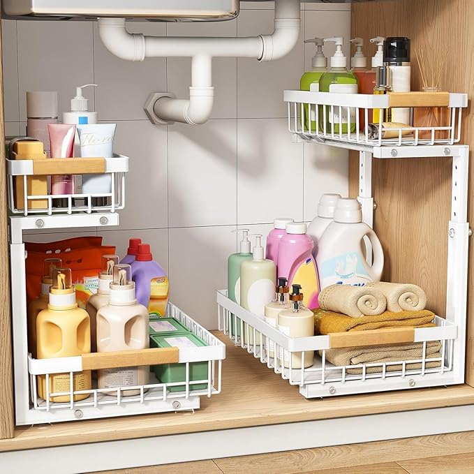 PXRACK 1 Pack Under Sink Organizer,Adjustable Height,2 Tier Pull Out Under Cabinet Organizer,Slide Out Thickened Metal Under Sink Storage for Kitchen Bathroom Laundry Cabinet Pantry,White