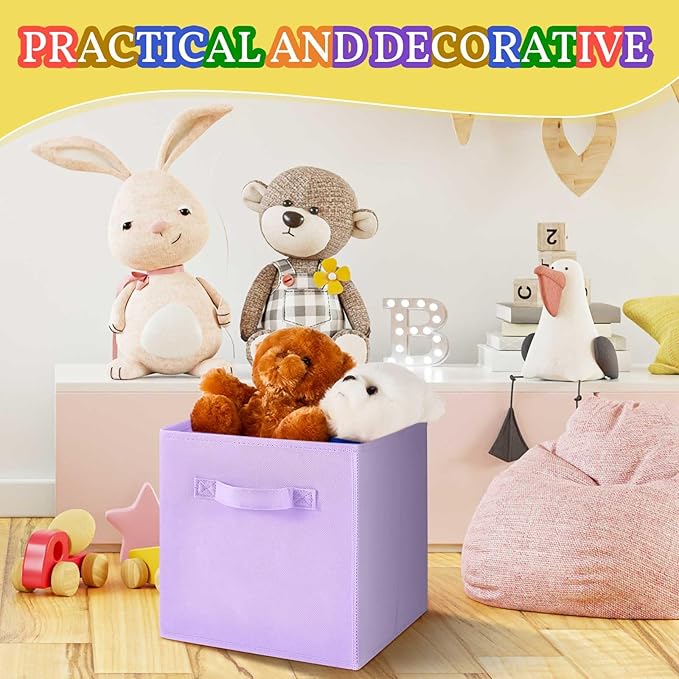Yinder 4 Pcs Cube Storage Bin Pink 11'' Storage Bins for Playroom Decor Colorful Bins for Kids Purple Foldable Baskets for Nursery Organizer Boxes Fabric Boxes
