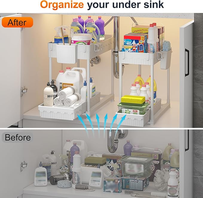 Under Sink Organizer, Bathroom Organizers and Storage, 2 Tier Multi-Use Pull Out Cabinet Organizer with Hang Hooks and Cups (White, 4 Pack)