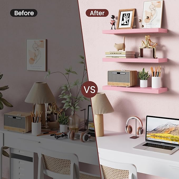 BAYKA Pink Floating Shelves for Wall – 15.7in Wood Wall Shelves for Bathroom, Bedroom, Living Room Decor Organize – Hanging Shelf for Books/Storage/Display with 22lbs Capacity(Set of 3)
