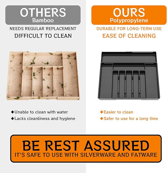 Yieach Black Expandable Silverware Drawer Organizer - Adjust From 11'' to 22'' - Knife,Cutlery,Spoons and Forks Organizer,Large 8 Grid Flatware,Silverware Tray,Utensil Organizer for Kitchen Drawers
