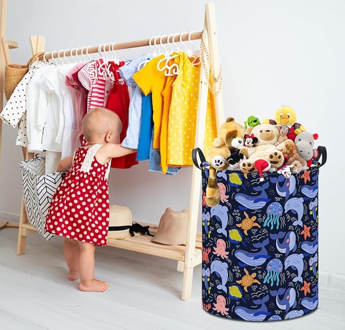 19.7" Laundry Basket, Dirty Clothes Hamper, Waterproof Storage Bin, Room Decor, Gift Baskets,Nursery Hamper(Line Ocean)