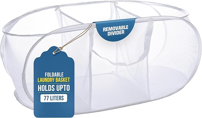 Foldable Laundry Basket - Popup and Collapsible, Durable Mesh Material, Folds for Storage, Easy Carry Handles - Great Hamper for College Dorm, Laundry Room or Travel (White, 3-Compartments)