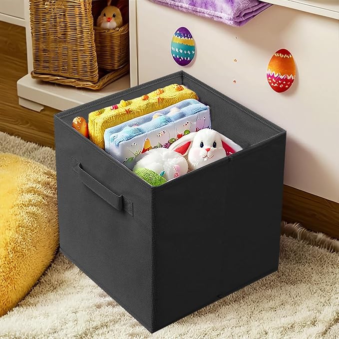 PowerKing Collapsible Storage Cubes with Handles, Fabric Foldable Bins for Closet Shelves, Durable Organization Storage Bins, 10.5'' x 11'' x 10.5'', 6 Pack, Black
