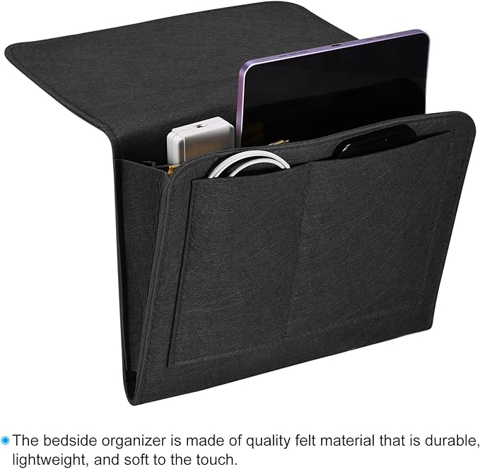 PATIKIL 11in Bedside Caddy, Bed Caddy Bedside Organizer Hanging 5 Pocket Soft Felt Bed Pockets Bedside Storage Organizer Remote Control Holder for Bedroom Phones Glasses, Black