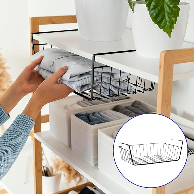8 Pack Hanging Under Shelf Storage Basket, Steel Hanging Wire Rack Storage Baskets, Slide-in Baskets Organizer for Kitchen Cabinet Desk Organizer Storage, Space Saving, 16"D x 9"W x 5.9"H