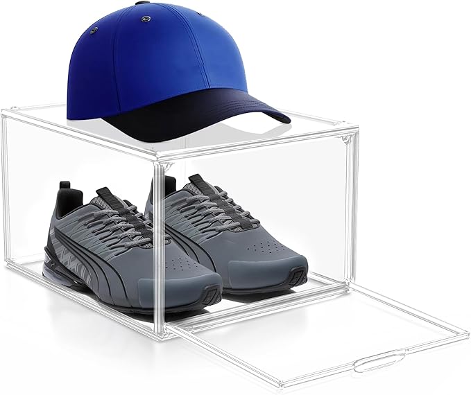 1 Pack Drop Front Shoe Boxes Acrylic Box Sneaker Case Size 12, Transparent Display Cases for Sneaker Collections, Baseball Caps, Hat Organizer Dust-free Shoe Cubbies Stackable Sneaker Boxes