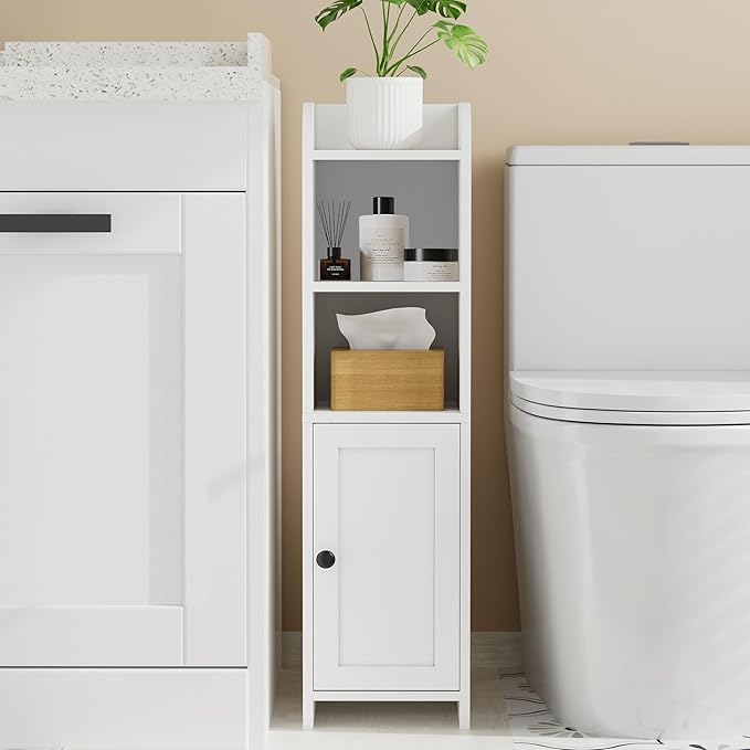 Homhedy Small Bathroom Storage Corner Floor Cabinet with Door and Shelves, Beside The Toilet Paper Stand for Skinny, Narrow Toilet Paper Cabinet, 9.8" D x 7.9" W x 31" H, White