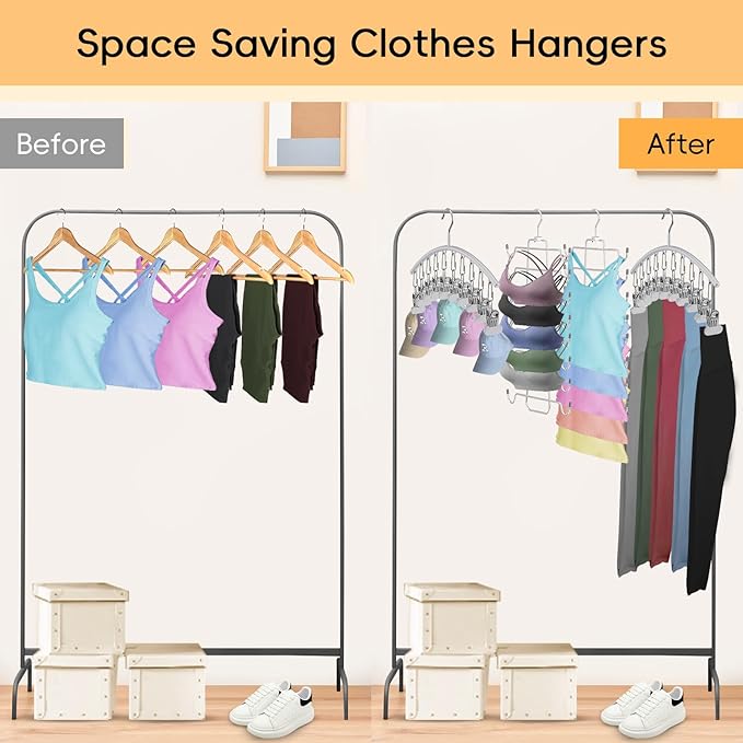 TomCare 2 Pack Tank Top Hanger and 2 Pack Leggings Organizers Space Saving Sport Bras Organizer Metal Yoga Pants Hangers with 20 Clips Hanging Closet Organizers and Storage, Grey
