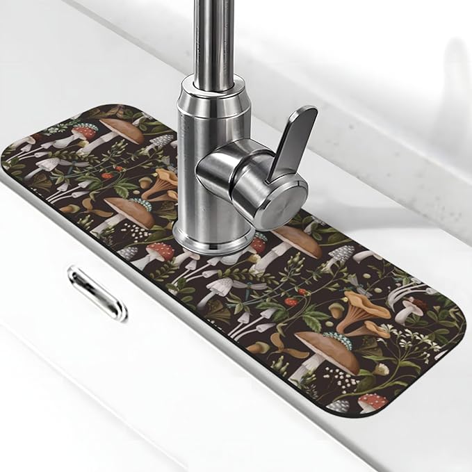 Mushroom Mushrooms Fern Forest Autumn Kitchen Sink Splash Guard Faucet Mat Super Absorbent Fast Drying Mat Sink Gadgets-Fast Drying Pad Sink Mat For Kitchen Bathroom (15" X 5.5" )