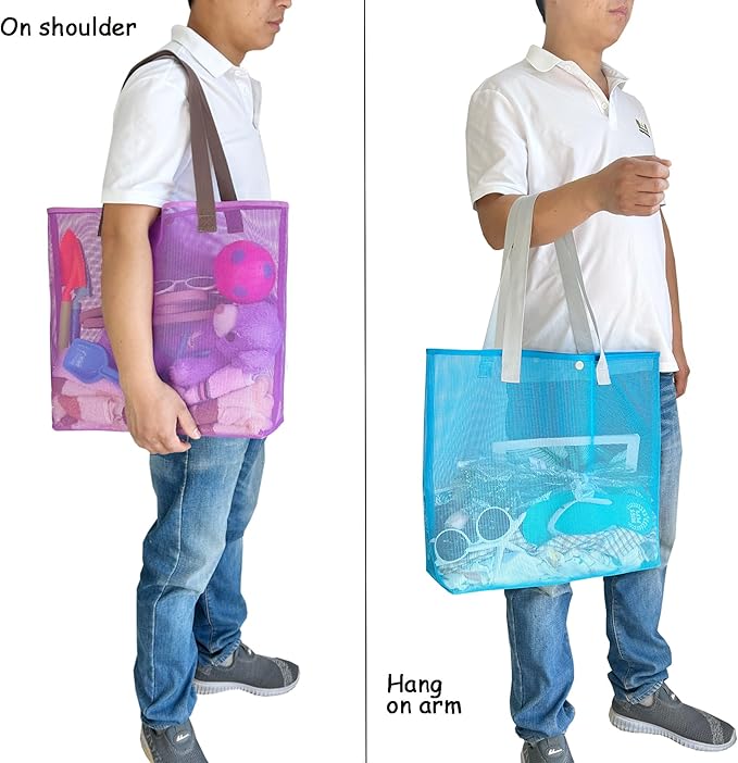 2Pack Large lightweight Simple Mesh Beach Tote Bag With snap Button Reusable Pool Bag for Outdoor Travel Shopping Gym