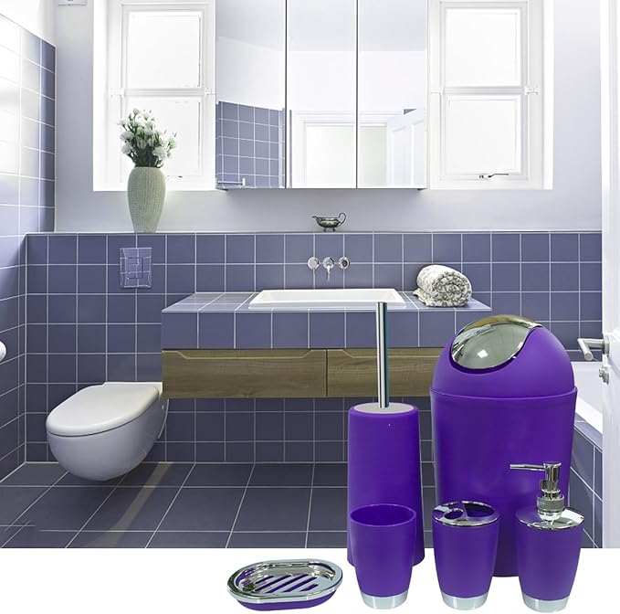 Bathroom Accessories Set, 6-Piece Plastic Gift Set, Toothbrush Holder, Toothbrush Cup, Soap Dispenser, Soap Dish, Toilet Brush Holder, Trash Can (Purple)
