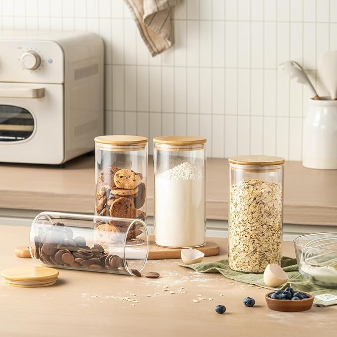 HeipokLife 4 Pack 42oz Glass Jars with Bamboo Lids,Glass Storage Containers with Lids,Clear Airtight Food Storage Jar for Flour,Oat,Coffee,Tea,Sugar,Cookies,Pantry Organizers 3mm Thick Canisters