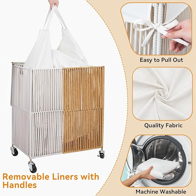 WOWLIVE Laundry Hamper with Wheels, Handwoven Rolling Laundry Basket with Lid, Clothes Hamper with Divided Removable Liner Bag, 115L Large Laundry Sorter Laundry Room Organization, White and Natural