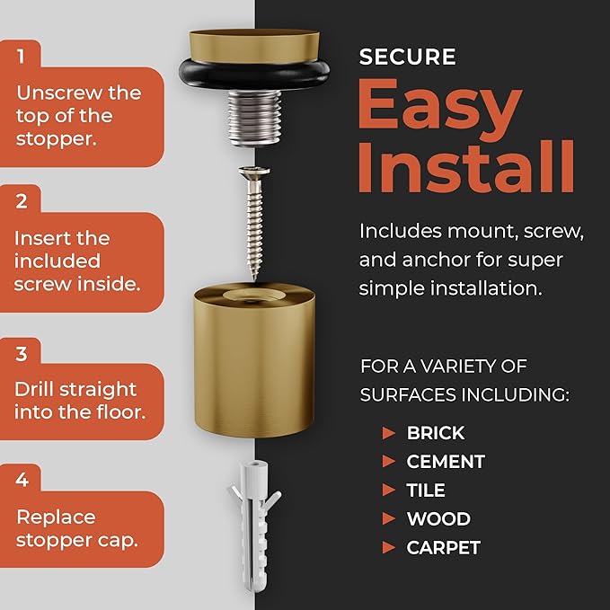 NYCO - Floor Door Stopper Chrome Door Stop - Classy Solid Steel Modern Heavy Duty Door Stoppers - Floor Mount Anchor Screw - Wall Protector for Commercial Door (1.5 Inch Satin Brass)