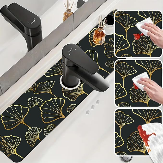 Sink Faucet Absorbing Mat Ginkgo Leaves Sink Splash Guard Drying Mat for Kitchen Bathroom Faucet Sinkmat 23.5"X5.5"