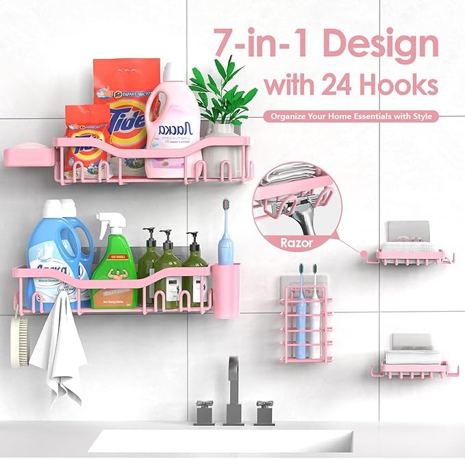 Shower Caddy Adhesive Shower Organizer 7-Pack, Rustproof Stainless Steel Bathroom Shelves, Large Capacity No-Drill Rack Storage Accessories with Soap Dish Toothbrush Holder Hooks