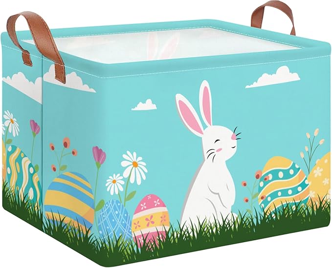 Rectangular Easter Eggs Basket Empty,Easter Storage Bin with Handles,Baby Room Decor,Gift Basket(Blue Easter Eggs)