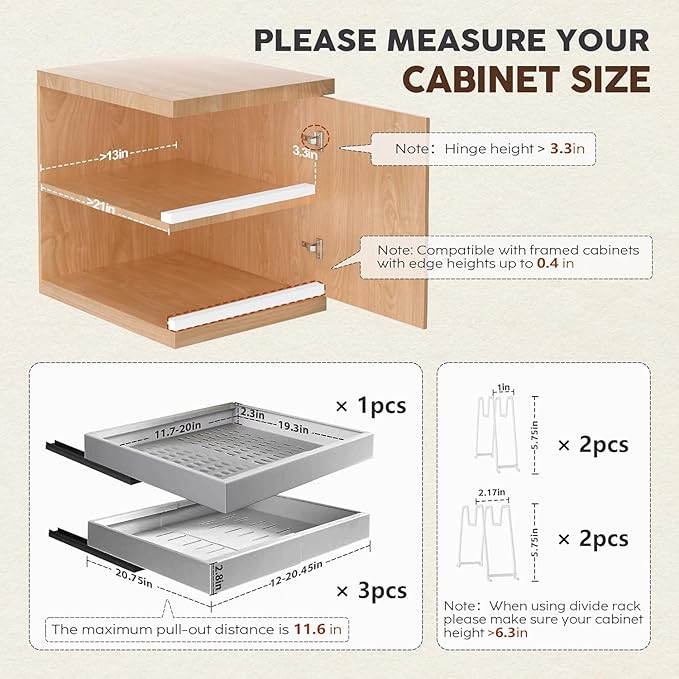 4 Pack Pull Out Cabinet Organizers 21" Deep With Raising Pad for Framed Cabinets, Expandable Slide Out Drawers with 4pcs Divider Racks, Roll Out Shelves, Adjustable Width 12"-20.45" Silver
