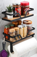 Paper Towel Holder - Kitchen Towel Holder with Shelf Wooden Spice Rack Organizer with 4 Hooks(Self-Adhesive & Wall Mounted)