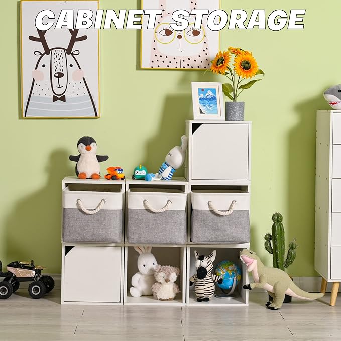 Storage Bins 3 Pack, Fabric Storage Basket for Collapsible Medium Canvas Storage Baskets for Organizing Shelf Nursery Home Closet with Cotton Rope Handle 15(L) x 11(W) x 9.5(H) inch(White&Grey-3PCS)