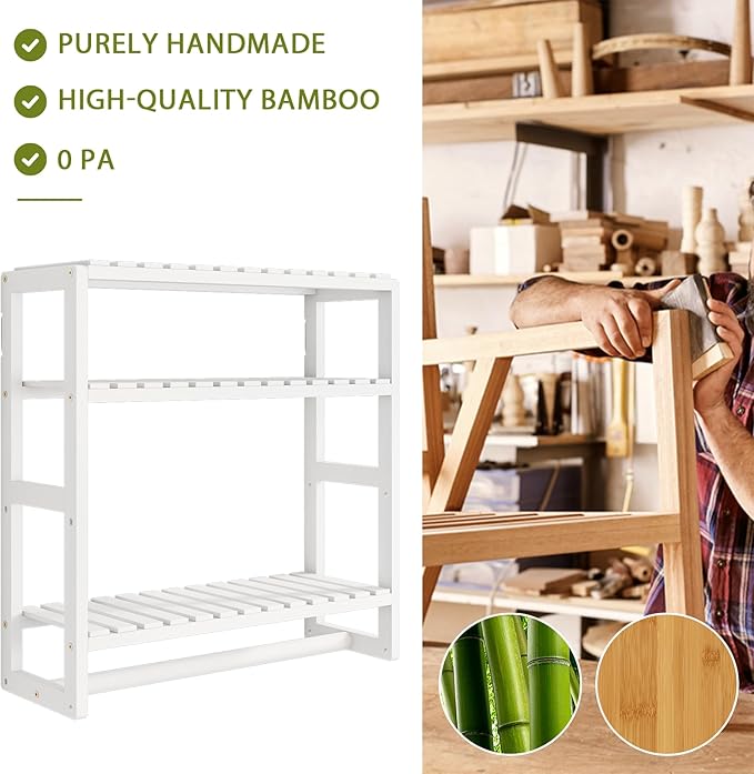 Over The Toilet Storage Bathroom Shelves Wall Mounted 3 Tier Space Saver Corner Shelf Organizer Bamboo Towel Rack Toilet Paper Cabinet with Hanging Rod White