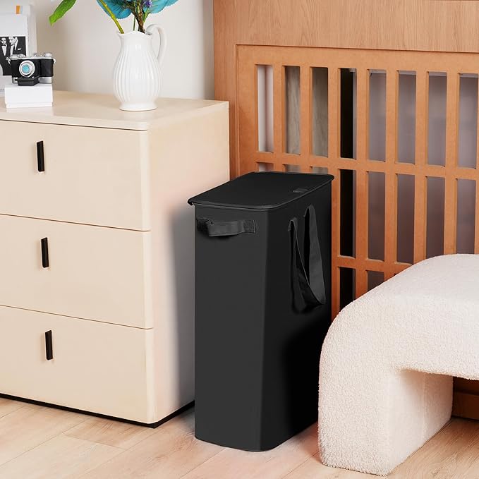 efluky Slim Laundry Basket with Lid, Narrow Laundry Hamper with Handles, Collapsible Dirty Clothes Hamper, Tall Laundry Bin for Laundry Room, Dorm and Bedroom, 55L Black