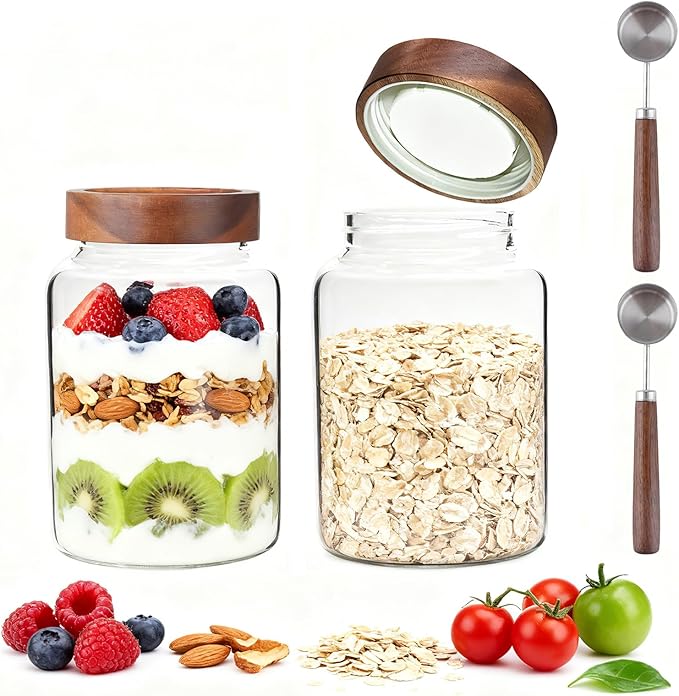 Patoper Glass Coffee Jars Spice Jar Round Storage Canister with Wooden Lid Clear Glass Food Jar for Pantry Sugar Tea Coffee Bean Spice Nuts Cookies Bath Salts (1800ml/60oz-2PACK（with spoon)