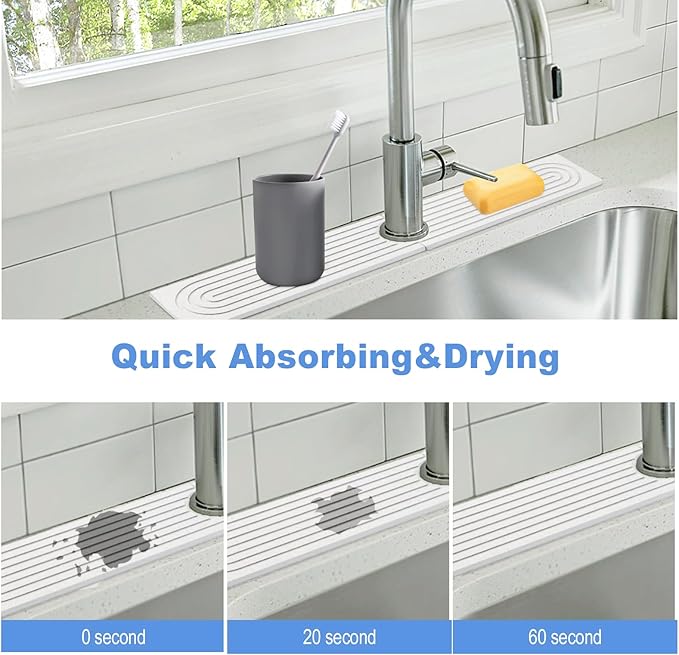 Stone Faucet Mat for Kitchen Sink- 15.6''x 3.9''Diatomite Fast-Drying Faucet Mat, Super Water Absorbing Stone Tray for Sink,Faucet Splash Guard for Bathroom Counter (White)