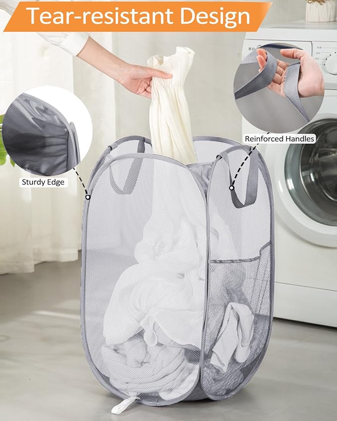 Durable Collapsible Laundry Baskets - Reinforced Mesh Pop Up Laundry Hamper with Pocket, Foldable Dirty Clothes Hamper with Carry Handles for Laundry, Bathroom, Kids Room, Dorm or Travel Pink+Grey