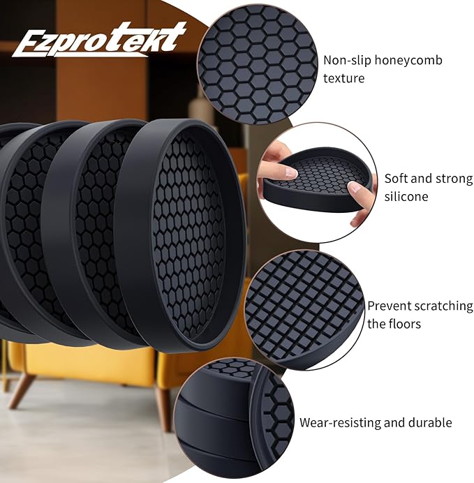 Ezprotekt Non Slip Furniture Pads, 4 Pcs 3" Rubber Caster Cups, Anti Skid Furniture Coasters for Hardwood Floors, No Slide Furniture Gripper, Floor Protector for Bed Couch Furniture Stoppers (Black)