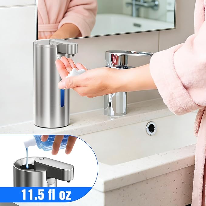 Automatic Foaming Soap Dispenser Touchless, Stainless Steel 11.5 oz 3 Levels Adjustable Hand Soap Dispenser with Rechargeable Sensor Pump for Kitchen & Bathroom Liquid Soap,Gray